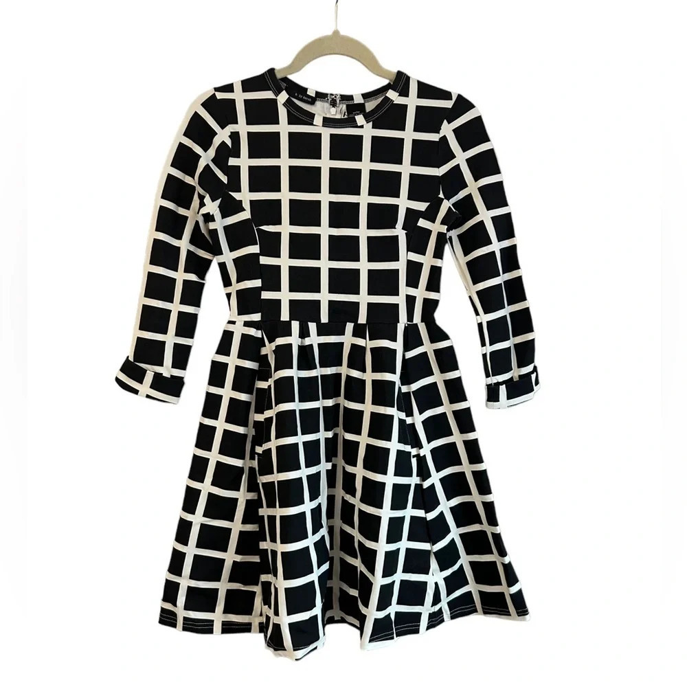 K BY KERSH WINDOW PANE 3/4 SLEEVE FIT & FLARE DRESS